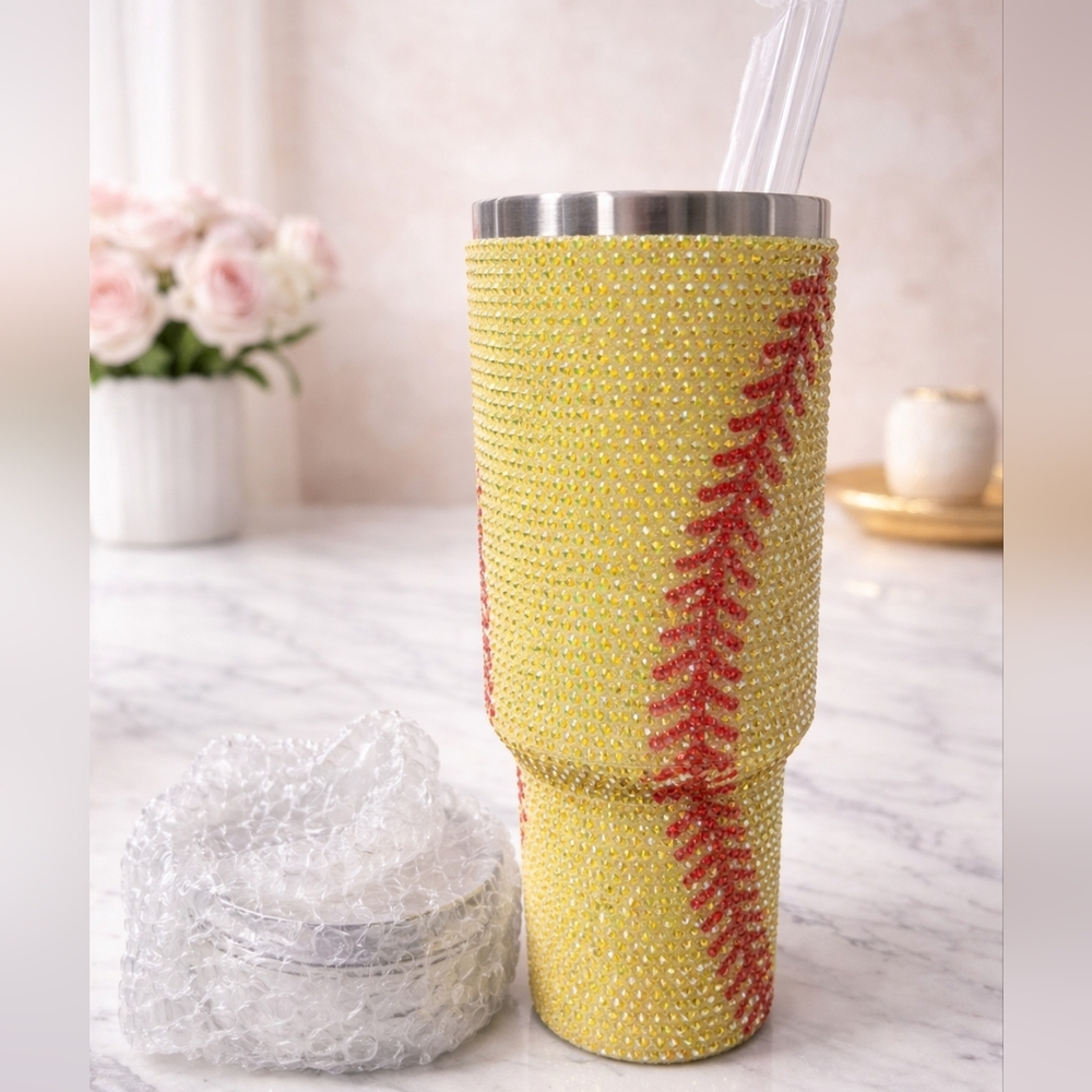 NIB Yellow Rhinestone Softball Stainless Steel 40 Oz Tumbler